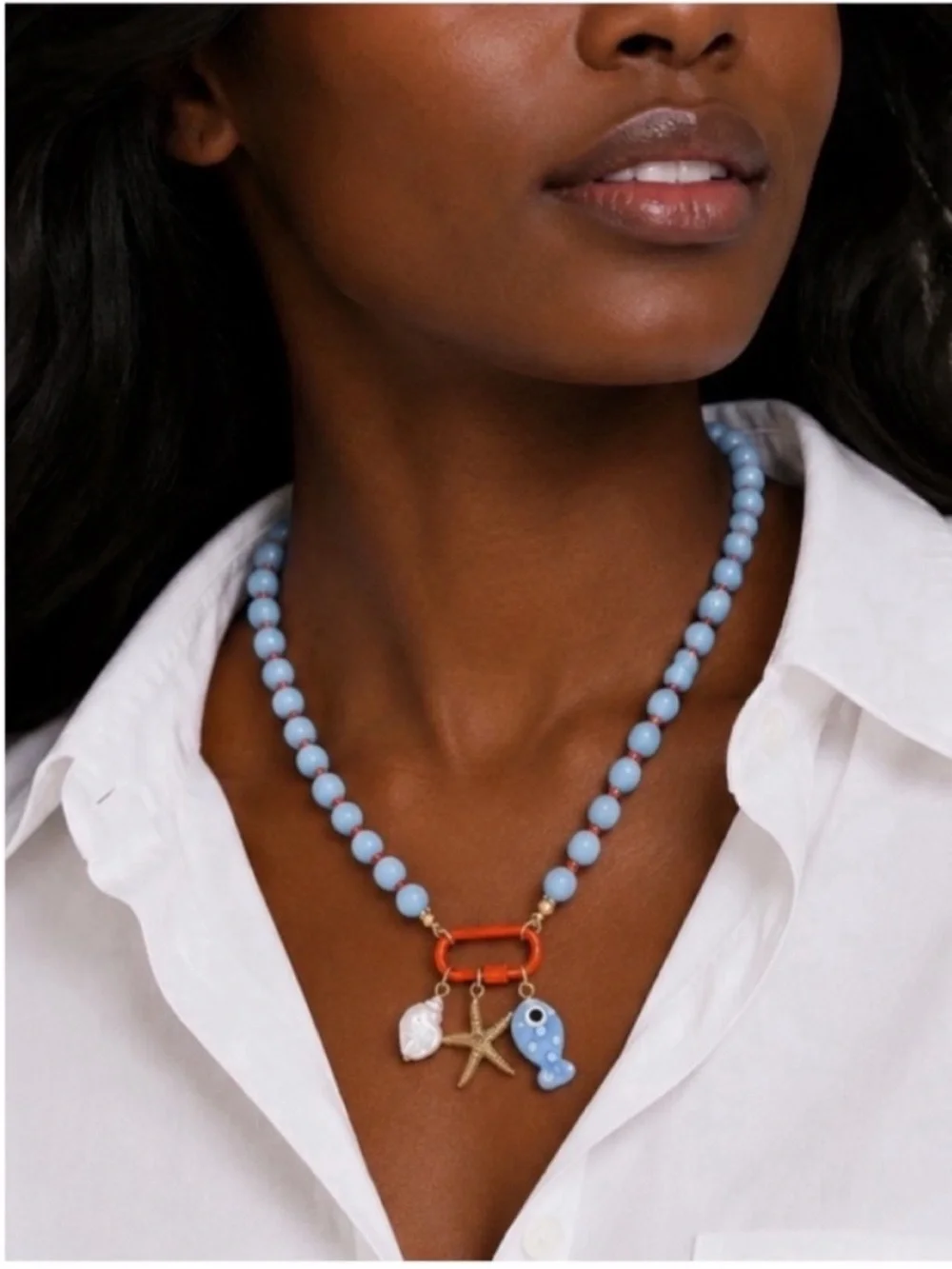 New! Coastal Preppy Blue Beaded Fish Carabiner Dopamine Necklace NWOT 5011